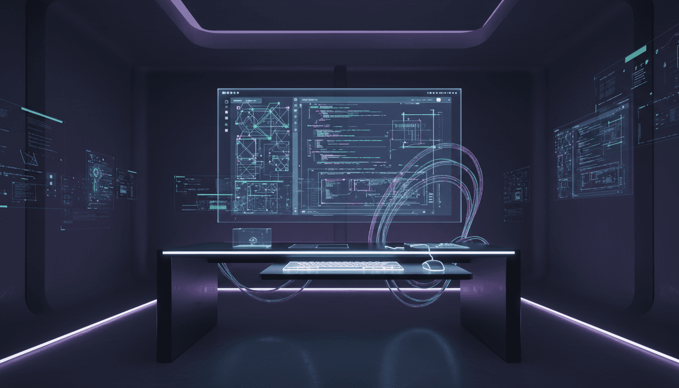 AI agent workstation with holographic code panels
